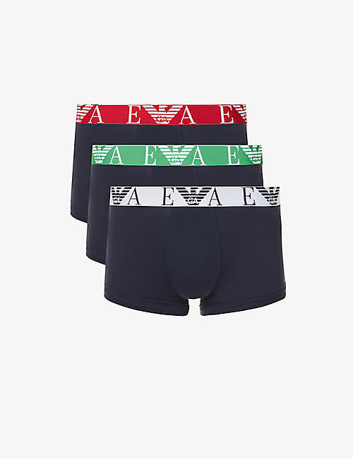 EMPORIO ARMANI: Pack of three logo-embroidered stretch-cotton trunks