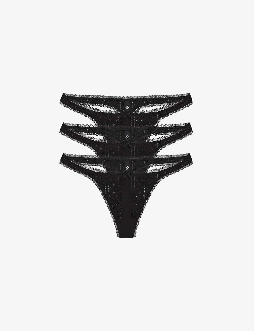 Cou Cou Intimates Pack Of Three Pointelle Mid-rise Organic-cotton Thongs In Black
