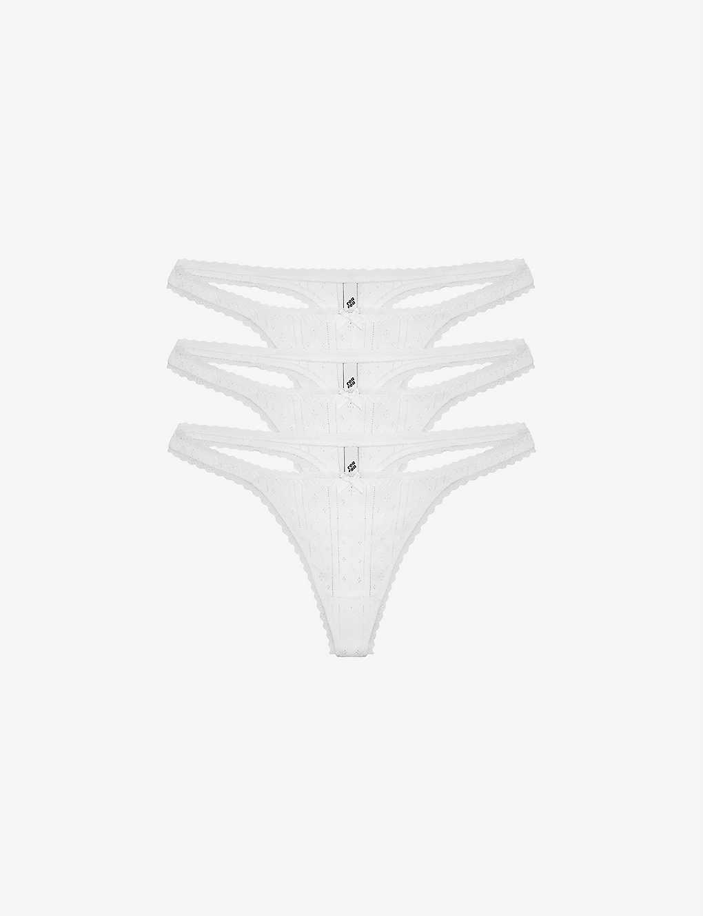 Cou Cou Intimates Pack Of Three Pointelle Mid-rise Organic-cotton Thongs In White