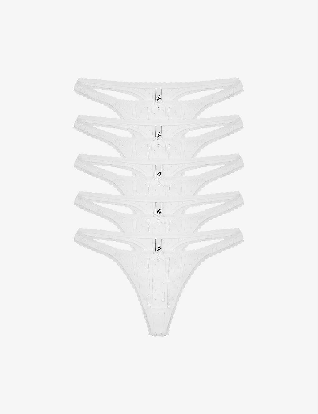 Cou Cou Intimates Pack Of Five Pointelle Mid-rise Organic-cotton Thongs In White
