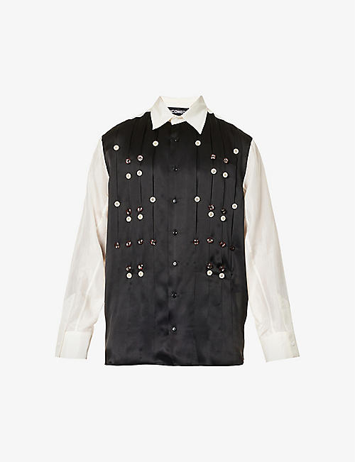 NICOMEDE: Theo contrast-panel button-embellished silk shirt