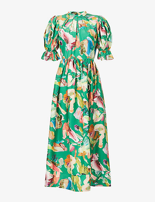 ALEMAIS: Arlo abstract-pattern puff-sleeve silk midi dress