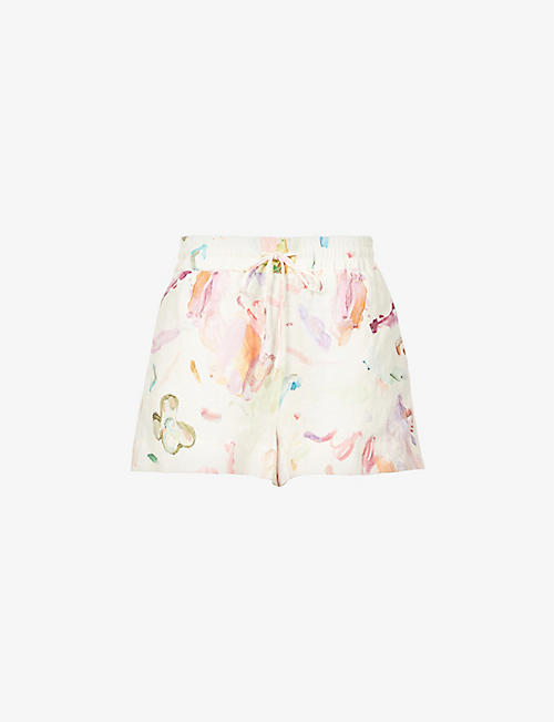 ALEMAIS: Annie abstract-pattern mid-rise linen shorts