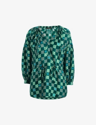 Whistles Silk Checkerboard Top In Green/multi