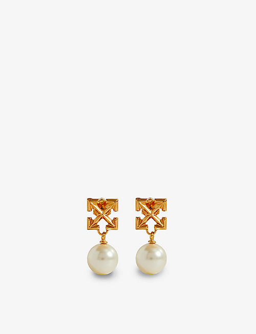 OFF-WHITE C/O VIRGIL ABLOH: Arrow-logo brass and pearl drop earrings