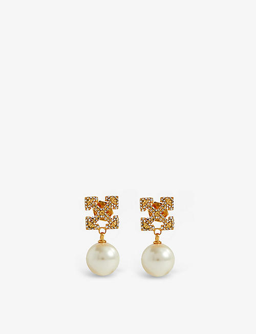 OFF-WHITE C/O VIRGIL ABLOH: Arrow-logo brass, crystal and pearl drop earrings