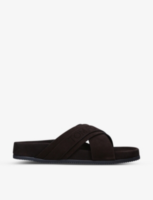 Shop Tom Ford Wicklow Cross-over Suede Sliders In Brown
