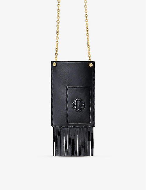 MAJE: Fringe-trimmed chain-strapped leather phone case