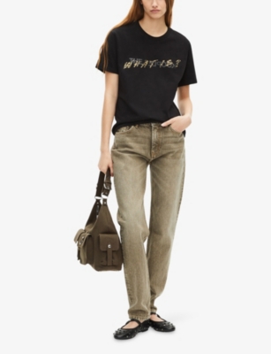 The Kooples Womens Black Leopard-print Logo-graphic Cotton-jersey T-shirt In Brown