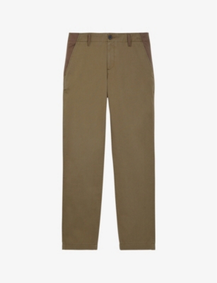 The Kooples Contrast-panels Straight-leg High-rise Cotton Trousers In Green