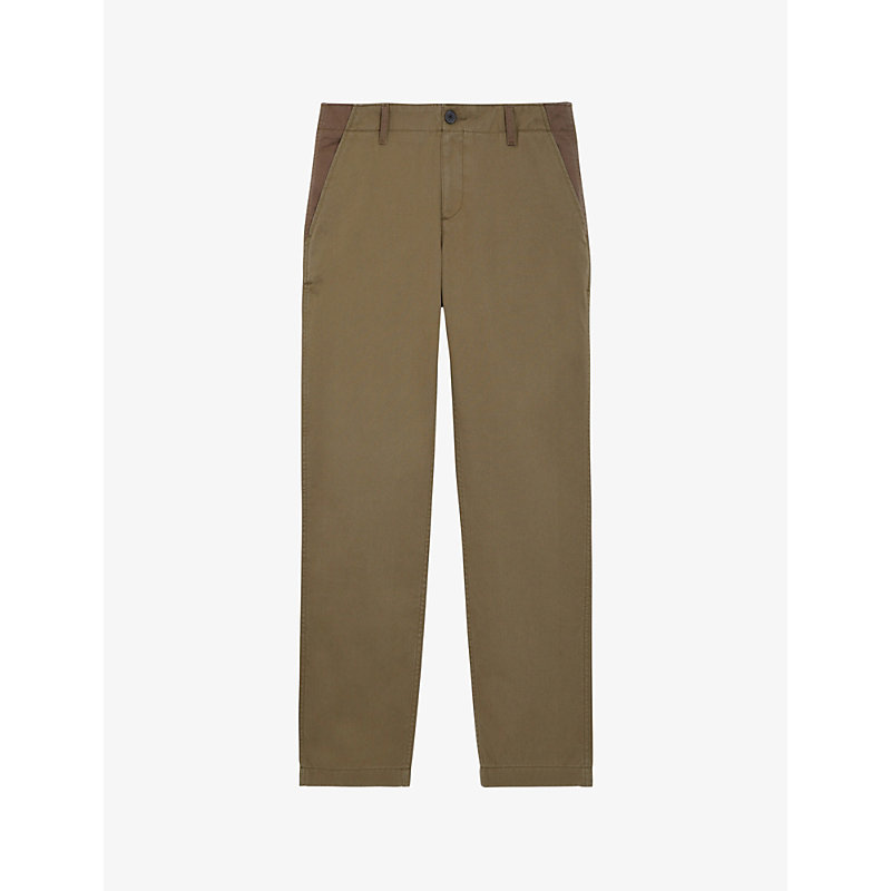 The Kooples Contrast-panels Straight-leg High-rise Cotton Trousers In Grn43