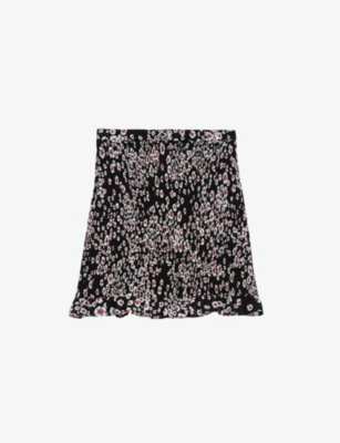 The Kooples Floral-print Smocked Woven Mini Skirt In Black