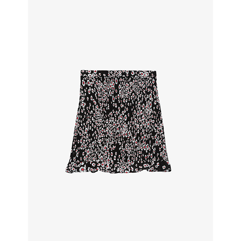 The Kooples Floral-print Smocked Woven Mini Skirt In Bla92