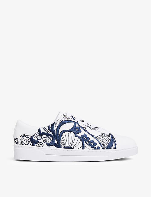 TED BAKER: Kemmii retro-swirl embroidered leather trainers