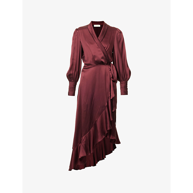 Zimmermann Plunge-neck Wrap-over Silk Midi Dress In Burgundy