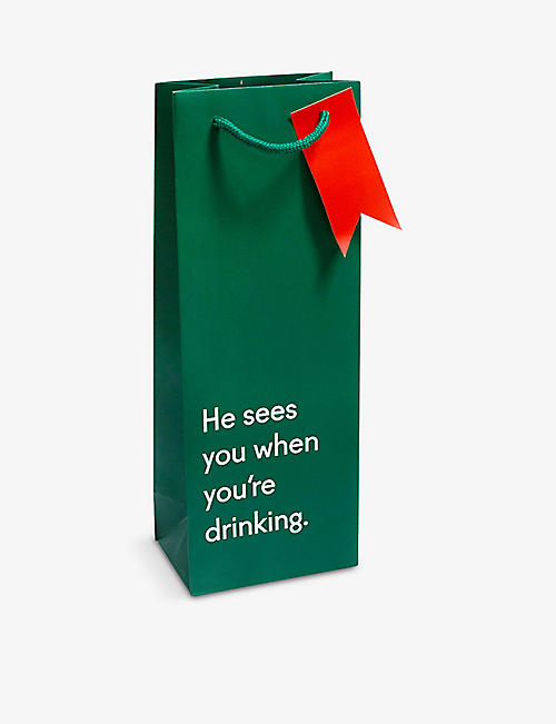 CHRISTMAS: He Sees You When You're Drinking slogan-print bottle paper gift bag 38.7cm