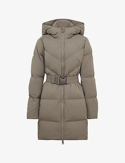 REISS: Rosa belted padded stretch-shell and recycled-down hooded jacket