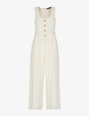 Whistles Shirred Wide-leg Linen-blend Jumpsuit In Cream