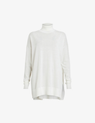 Shop Allsaints Women's Chalk White Gala Roll-neck Longline Merino-wool Jumper