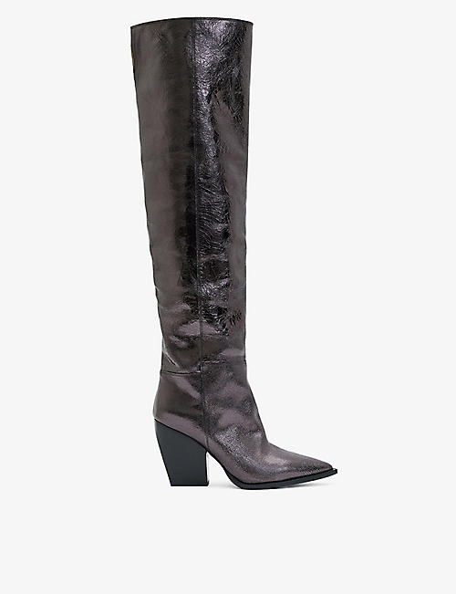 ALLSAINTS: Reina pointed-toe knee-high crinkle leather boots