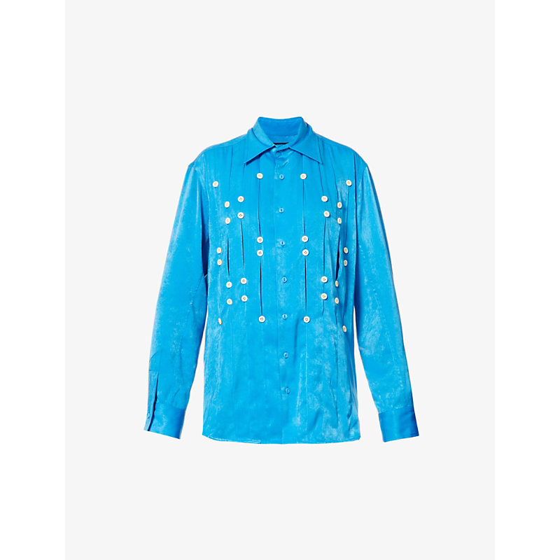 Nicomede Womens Blue Button-embellished Pleated Relaxed-fit Satin Shirt