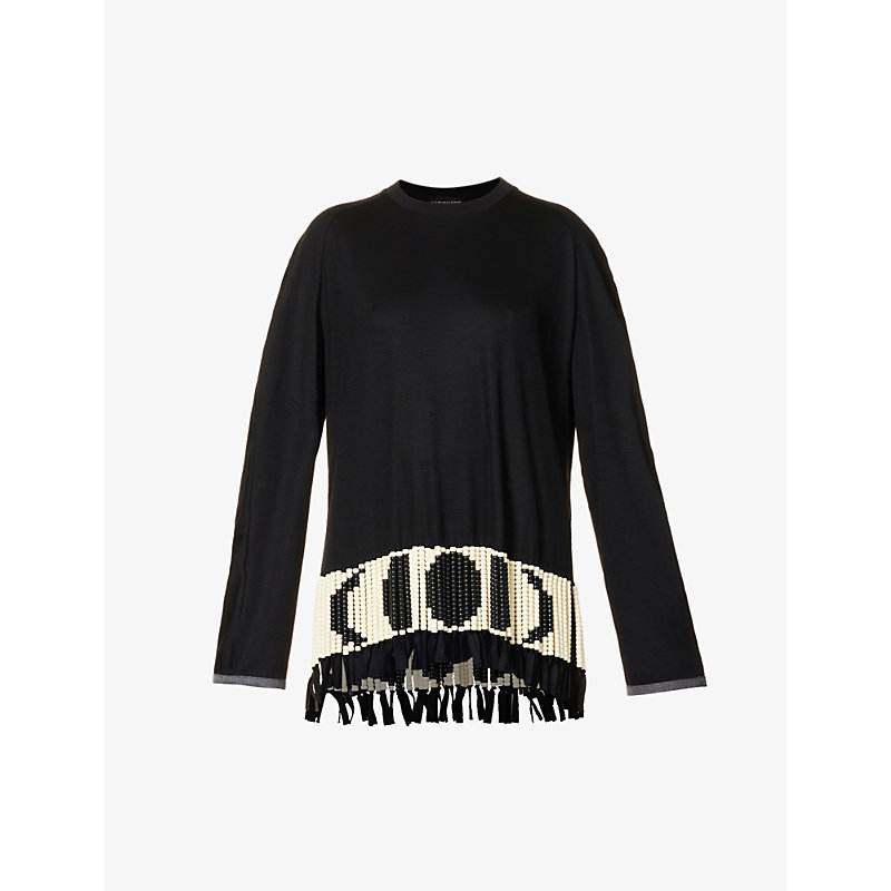 Nicomede Womens Black Beaded-hem Contrast-trim Wool-knit Top