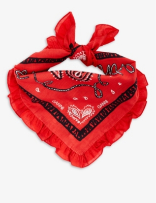 Ganni Graphic-print Frilled-trim Organic-cotton Bandana In Paprika
