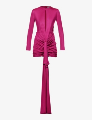 Saint Laurent Plunging Keyhole Knotted Mini Dress In Fuchsia