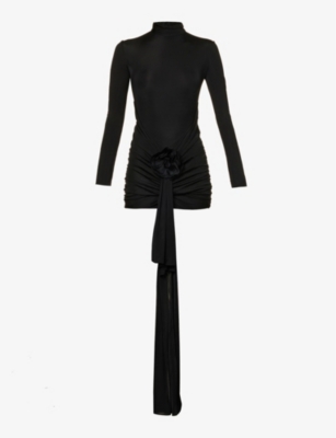 Saint Laurent Embellished Ruched Satin-jersey Mini Dress In Noir