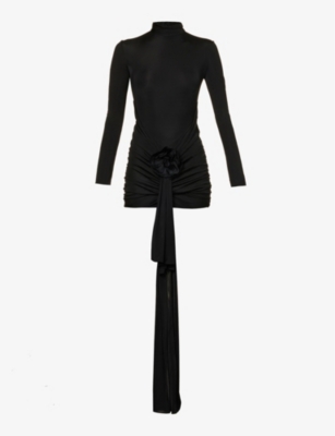 SAINT LAURENT SAINT LAURENT WOMEN'S NOIR DRAPED-PANEL SLIM-FIT WOVEN MINI DRESS,58684147