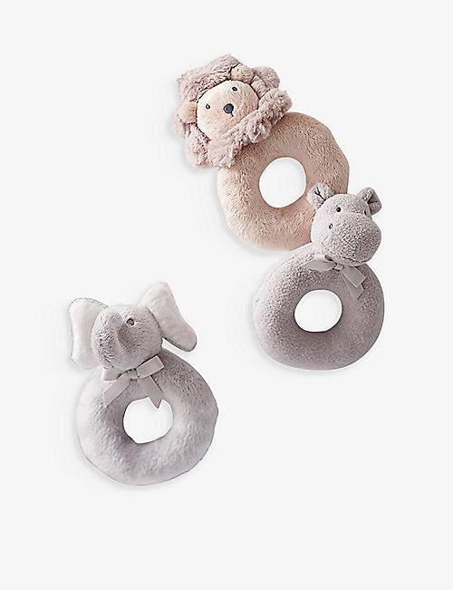 THE LITTLE WHITE COMPANY: Safari plush recycled polyester-blend rattles set of three
