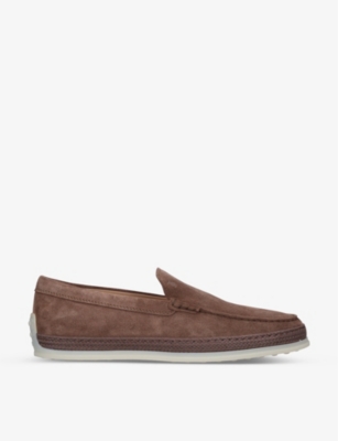 Shop Tod's Tods Men's Dark Brown Raffia-trimmed Suede Loafers