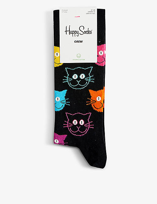 HAPPY SOCKS：猫咪图案印花棉混纺袜子