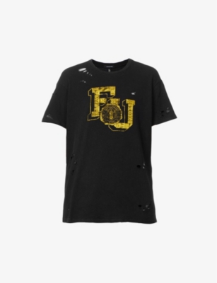 R13 Logo print distressed stretch cotton T shirt Selfridges