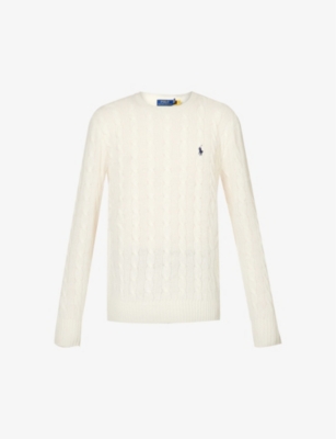 Shop Polo Ralph Lauren Men's Andover Cream Logo-embroidered Cable-knit Cashmere Jumper