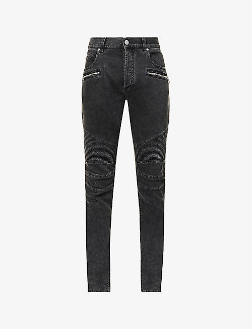 BALMAIN: Ribbed tapered mid-rise stretch-denim jeans