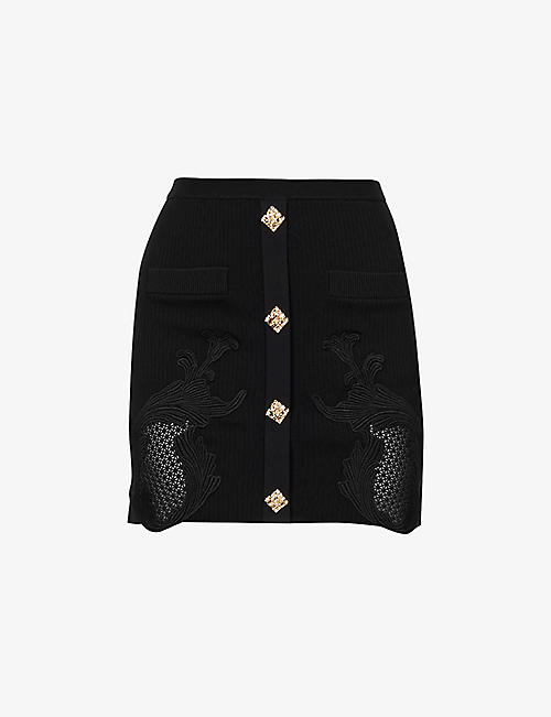 SELF-PORTRAIT: Lace-embroidered button-up stretch-woven mini skirt