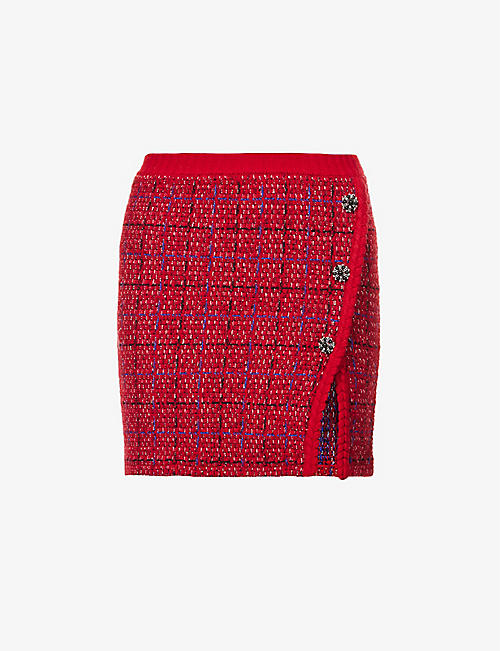SELF-PORTRAIT: Melange checked wool-blend mini skirt