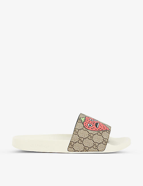GUCCI: Pursuit logo and strawberry-print woven sliders