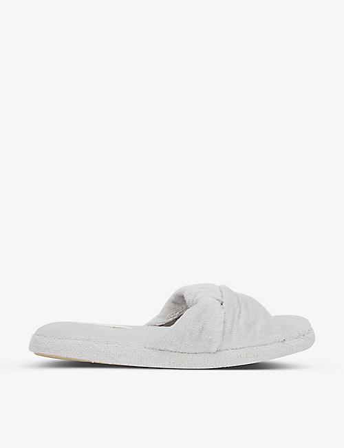 SKIN: Terry knot-front velour slippers