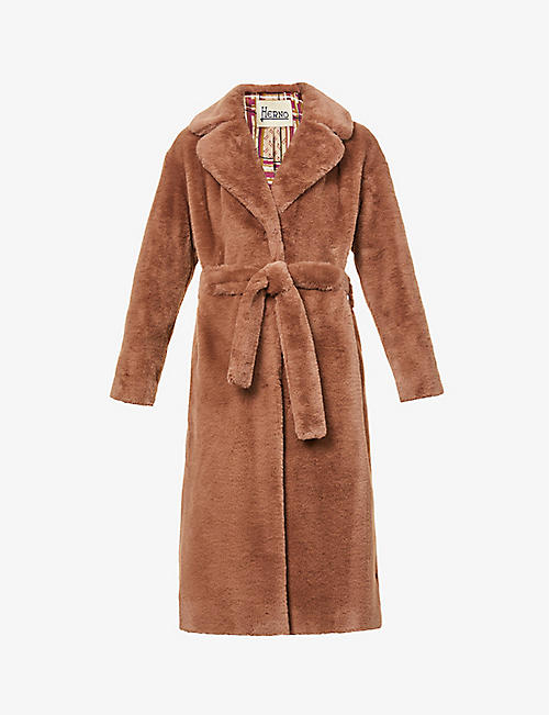 HERNO: Notched-lapel faux-fur teddy wrap coat