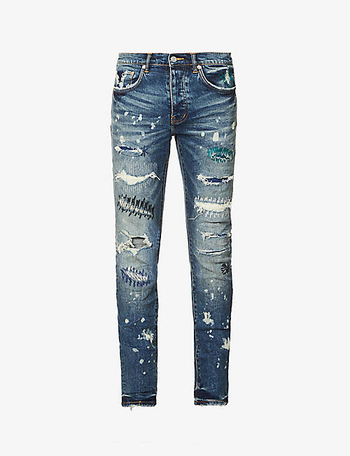PURPLE DENIM: Distressed zig-zag repair slim-fit low-rise stretch-denim jeans