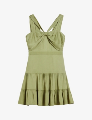 Shop Ted Baker Knot-front Textured Woven Mini Dress In Mid-green