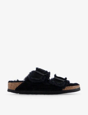 BIRKENSTOCK BIRKENSTOCK WOMEN'S BLACK BLACK ARIZONA TWO-STRAP SHEARLING AND SUEDE SANDALS,33577121