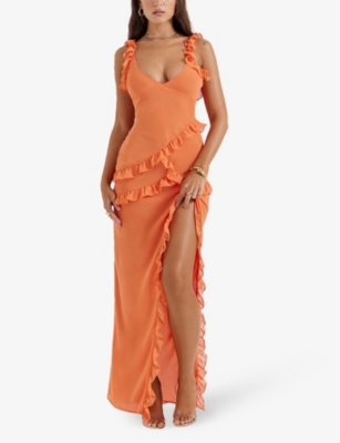Shop House Of Cb Women's Flame Orange Pixie Ruffled Mesh Maxi Dress