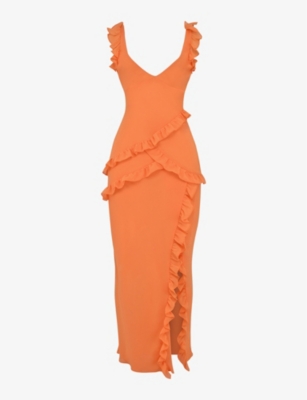 House Of Cb Womens Flame Orange Pixie Ruffled Mesh Maxi Dress