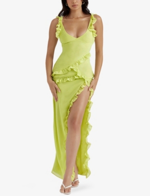 House Of Cb Pixie Ruffled Mesh Maxi Dress In Lime ModeSens