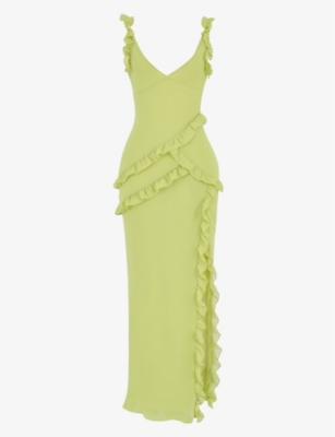 House Of Cb Pixie Ruffled Mesh Maxi Dress In Green