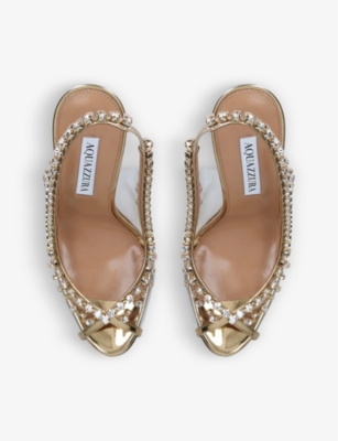 Shop Aquazzura Women's Gold Temptation Crystal-embellished Leather And Pvc Heeled Sandals