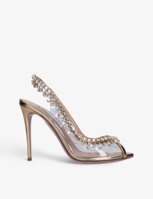 Shop Aquazzura Women's Gold Temptation Crystal-embellished Leather And Pvc Heeled Sandals